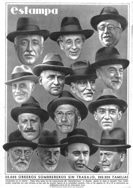 50.000 Obreros sombrereros sin trabajo, 200.000 famiias. Iustración en la revista Estampa (1930) - Josefina de la Torre: La Mujer-Isla - 7iM